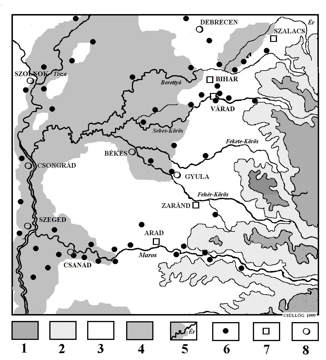 64 20. ábra Monostorok a 11 15. században a Közép-Tisza mentén 1 erdő-térszín 2. vár-térszín 3. település-térszín 4. folyó-térszín 5. folyók 6. monostorok 7.aktív térszíni központok 8.