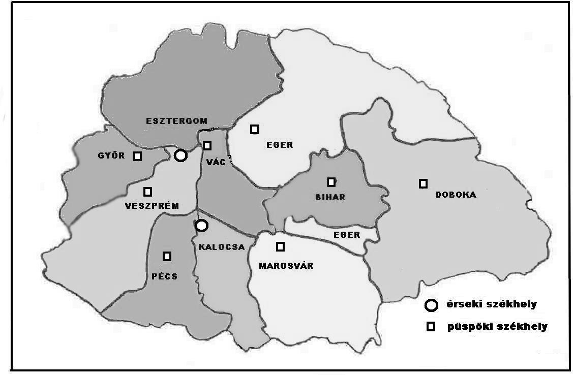 szempontjainak megjelenését. A belső medenceperemre szerveződtek Esztergomi, Egri, Bihari, Marosvári egyházmegyék, a pannóniai tagolódást mutatják a Győri, Veszprémi és Pécsi egyházmegyék.