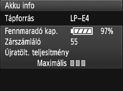 3 Az akkumulátor töltöttségi szintjének ellenőrzése Az akkumulátor állapotát menüképernyőn ellenőrizheti. Válassza az [Akku info] elemet.