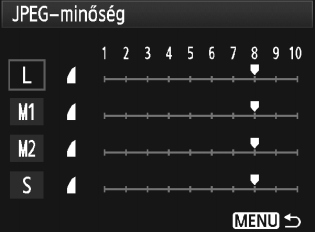 A képrögzítési minőség beállítása 3 A JPEG-minőség (tömörítési arány) beállítása A rögzítési minőség (tömörítési arány) minden egyes képmérethez (3/4/5/6) beállítható.