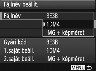 3 A fájlnevek módosítása Beállítások 4 5 Lépjen ki a beállításból. Adja meg a szükséges számú alfanumerikus karaktert, majd nyomja meg a <M> gombot. Az új fájlnév tárolódik, és ismét megjelenik a 2.