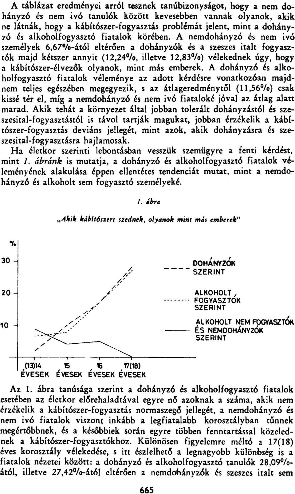 A nemdohányzó és nem ivó személyek 6,67%-ától eltérően a dohányzók és a szeszes italt fogyasztók majd kétszer annyit (12,24%, illetve 12,83%) vélekednek úgy, hogy a kábítószer-élvezők olyanok, mint