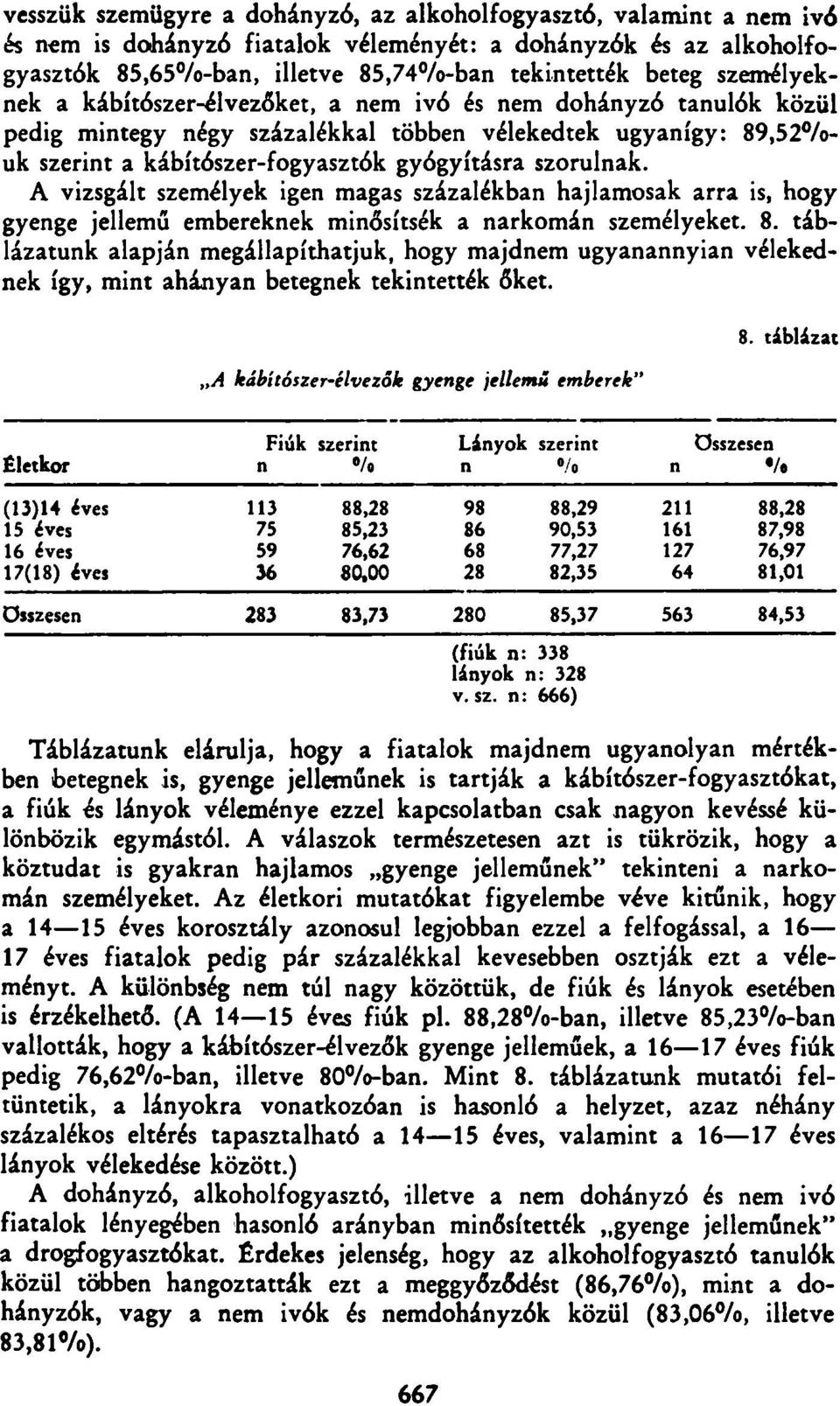 szorulnak. A vizsgált személyek igen magas százalékban hajlamosak arra is, hogy gyenge jellemű embereknek minősítsék a narkoman személyeket. 8.