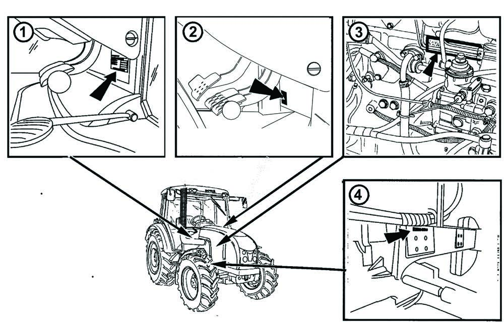 GYÁRTÁSI SZÁMOK ELHELYEZÉSE P15N069 1. A traktor gyártási száma 2. A biztonsági vezetőfülke gyártási száma 3. A motor adattáblája 4.