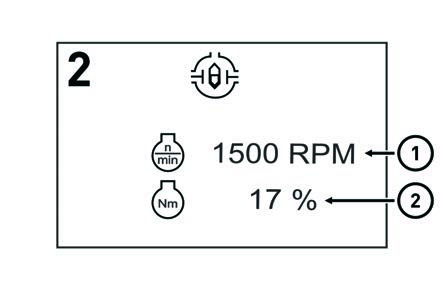 A főmezőben (1) a motor fordulatszáma látható (ford./percben). A kiegészítő mezőben (2) a motor terhelése látható, százalékos értékben.