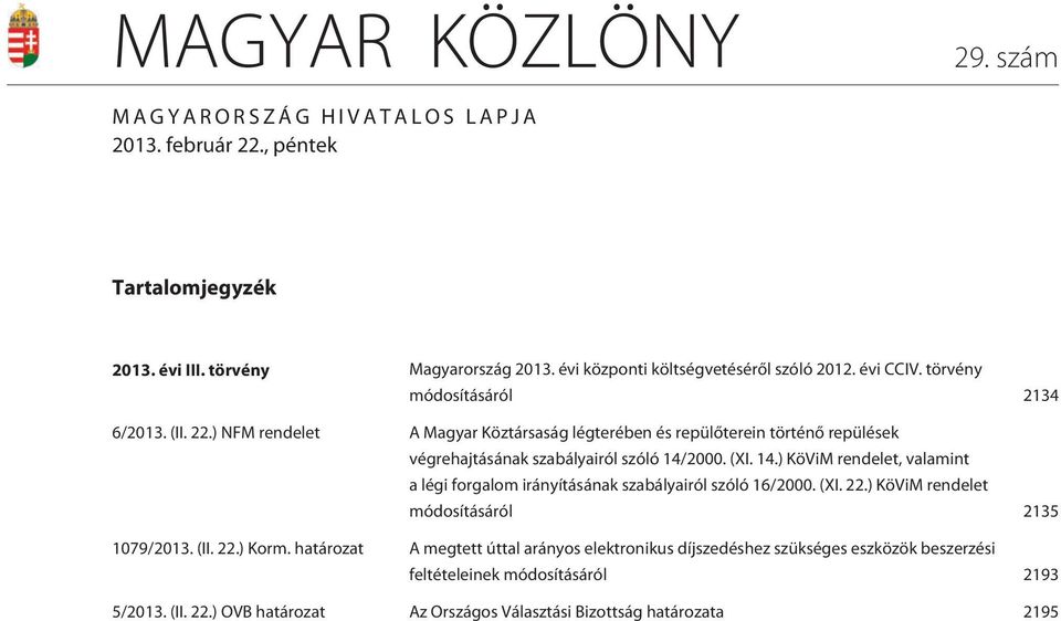 (XI. 14.) KöViM rendelet, valamint a légi forgalom irányításának szabályairól szóló 16/2000. (XI. 22.) KöViM rendelet módosításáról 2135 1079/2013. (II. 22.) Korm.