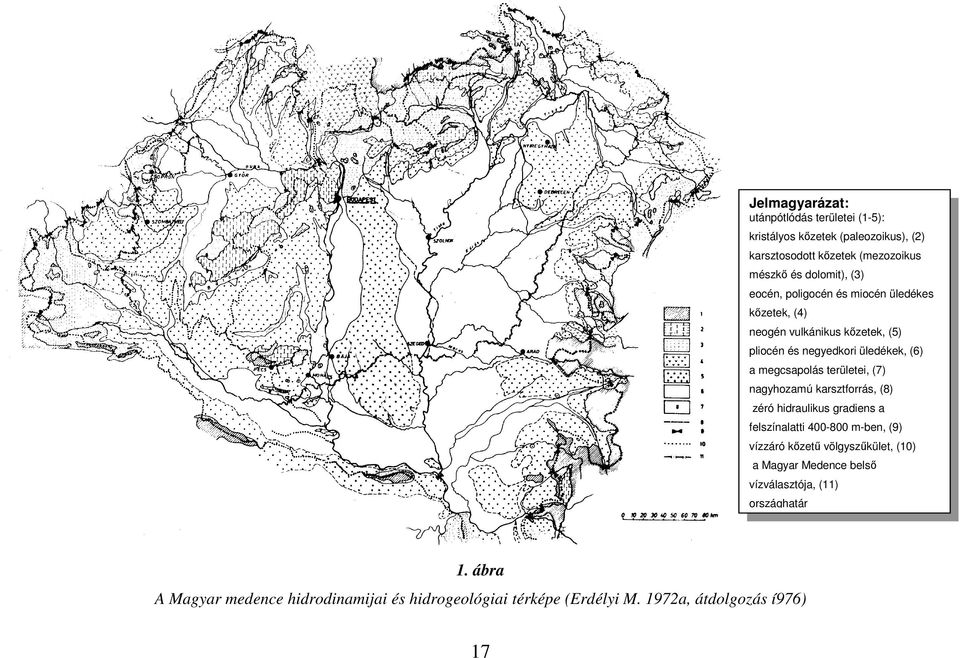 (7) nagyhozamú karsztforrás, (8) zéró hidraulikus gradiens a felszínalatti 400-800 m-ben, (9) vízzáró kzet völgyszkület, (10) a Magyar