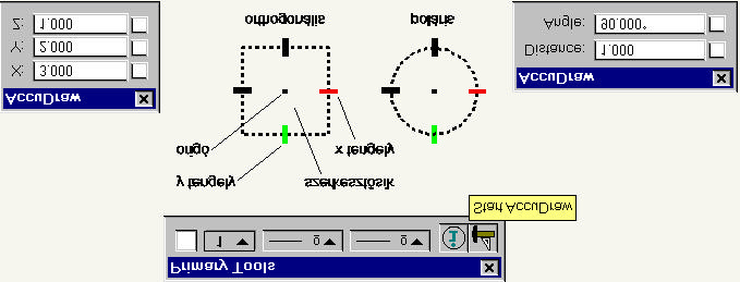 MicroStation Accu-Draw 1 1. ábra. AccuDraw iránytu és az adatbeviteli ablak az orthogonális és poláris koordinátarendszerben.