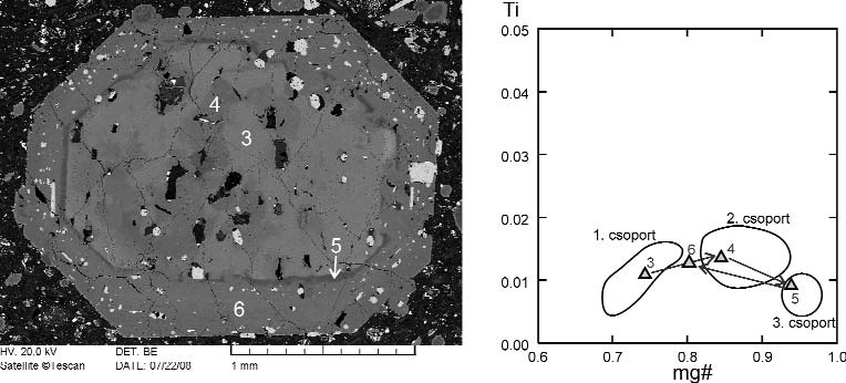 244 KLÉBESZ Rita et al.: A balatonmáriai ultrakáli trachiandezit petrogenezise 9. ábra. A II. típusba tartozó klinopiroxén fenokristály szövete és összetételének változása Figure 9.