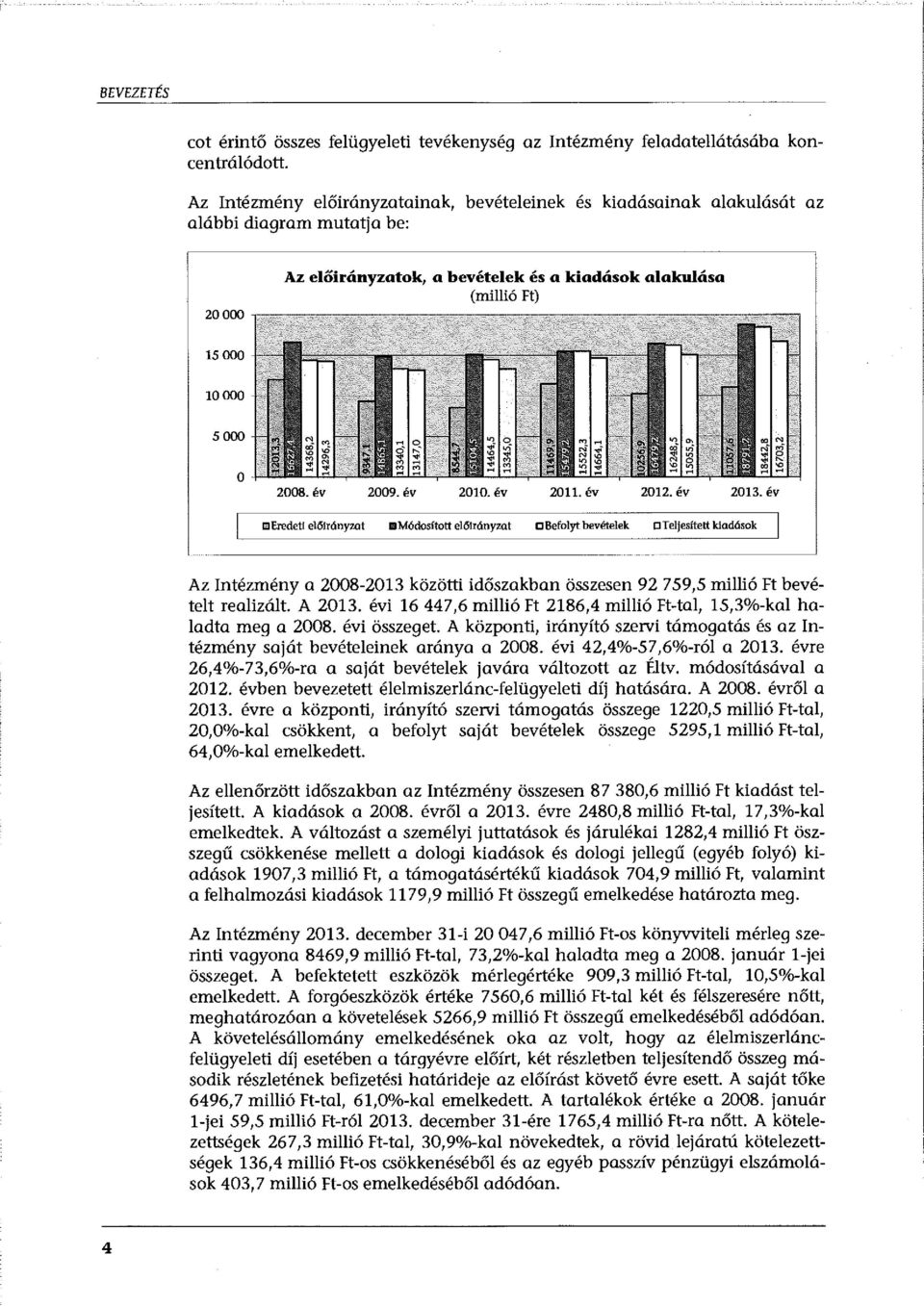 év 2012.év 2013.év E Eredeti előlrónyzat IIMódosított előirányzat a Befolyt bevételek a Teljesített kiadások Az Intézmény a 2008-2013 közötti időszakban összesen 92 759,5 millió Ft bevételt realizált.