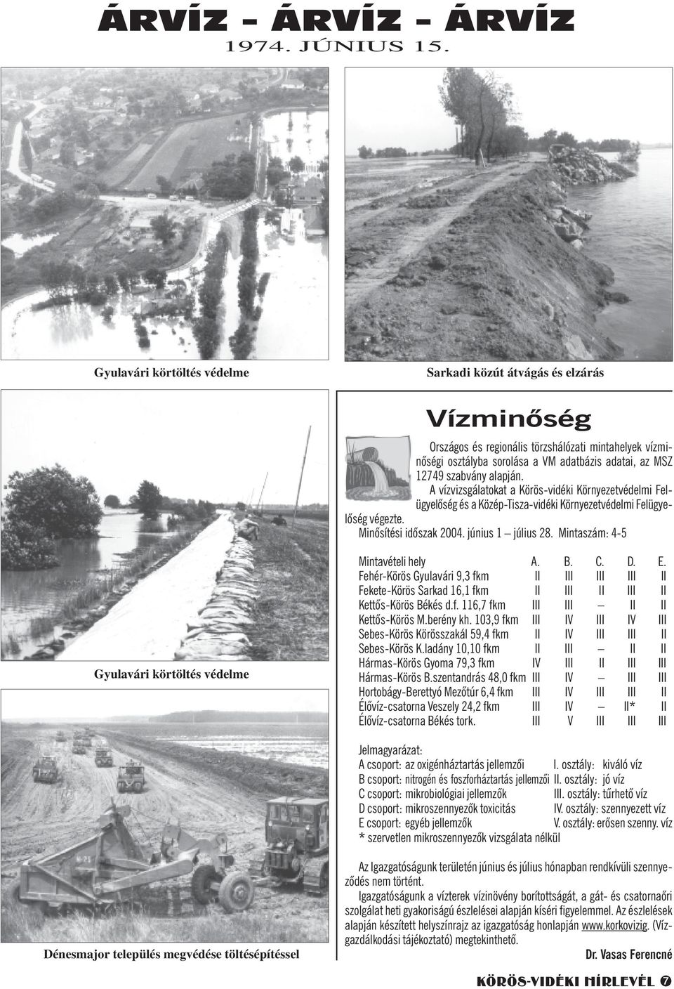 alapján. A vízvizsgálatokat a Körös-vidéki Környezetvédelmi Felügyelõség és a Közép-Tisza-vidéki Környezetvédelmi Felügyelõség végezte. Minõsítési idõszak 2004. június 1 július 28.