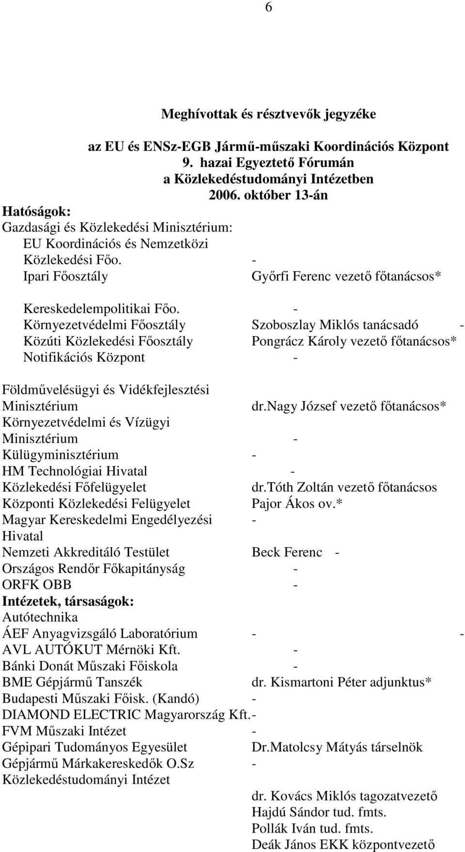 - Környezetvédelmi Fıosztály Szoboszlay Miklós tanácsadó - Közúti Közlekedési Fıosztály Pongrácz Károly vezetı fıtanácsos* Notifikációs Központ - Földmővelésügyi és Vidékfejlesztési Minisztérium dr.