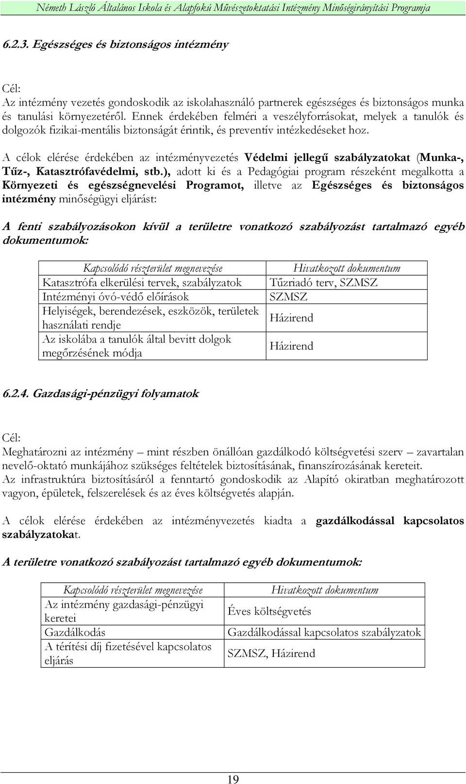 A célok elérése érdekében az intézményvezetés Védelmi jellegő szabályzatokat (Munka-, Tőz-, Katasztrófavédelmi, stb.