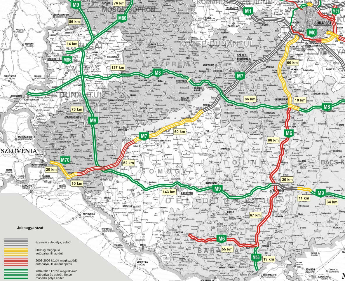 Az M6 autópálya szakaszai, építésének ütemezése a 2003. évi CXXVIII. törv. szerint I. Budapest (M0) - Érd tervező: UNITEF 83 Rt. - megépül 2006-ig II. Érd - Dunaújváros tervező: RODEN Kft.