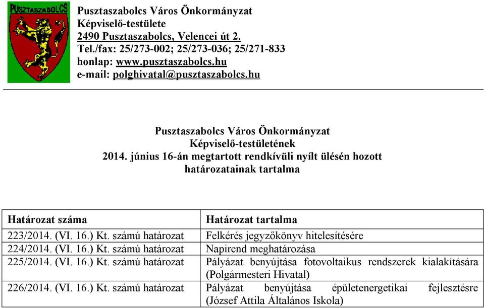 június 16-án megtartott rendkívüli nyílt ülésén hozott határozatainak tartalma Határozat száma Határozat tartalma 223/2014. (VI. 16.) Kt.