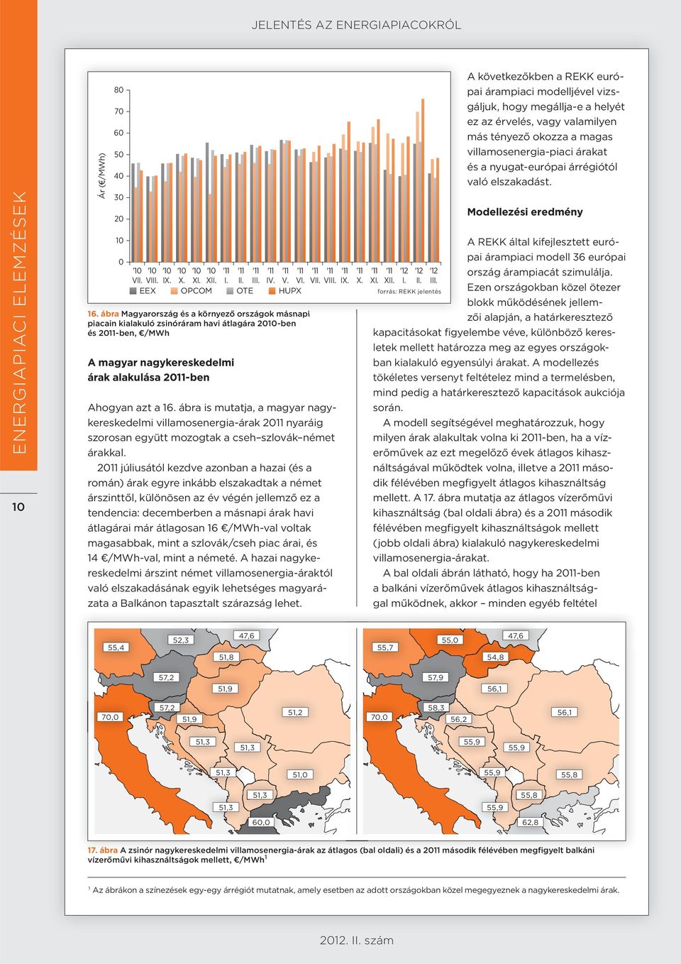 III. IV. V. VI. OPCOM OTE HUPX VII. VIII. Ahogyan azt a 16. ábra is mutatja, a magyar nagykereskedelmi villamosenergia-árak 211 nyaráig szorosan együtt mozogtak a cseh szlovák német árakkal.