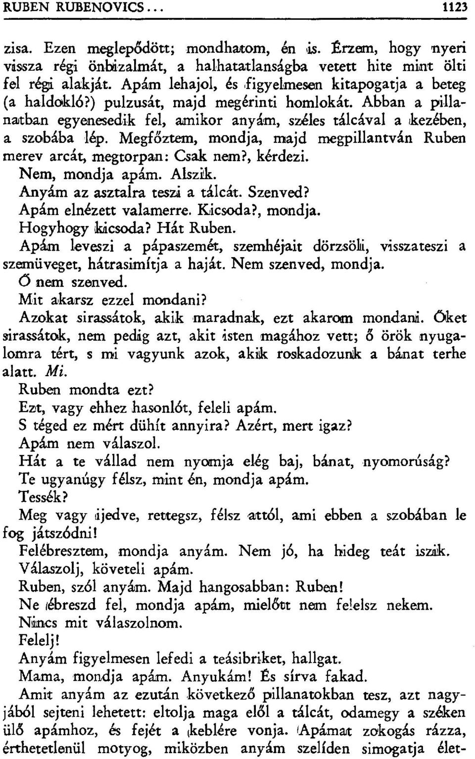 Megfőztein, mondja, majd megpillantván Ruben merev arcát, megtorpan: Csak nem?, kérdezi. Nem, mondja apám. Alszik. Anyám az asztalra teszi a tálcát. Szenved? Apám elnézett valamerre. Kicsoda?, mondja. Hogyhogy kicsoda?