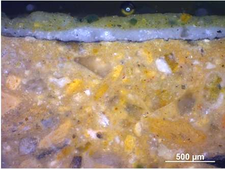 II. Vizsgálatok ráeső fényben Rétegrend, pigmentek diszperziós festék (Ti-fehér és okker) porrétegek sárga és vörös okker smalte zöld földfestékpigment faszénpor Homlokzatok eredeti színezése 2x