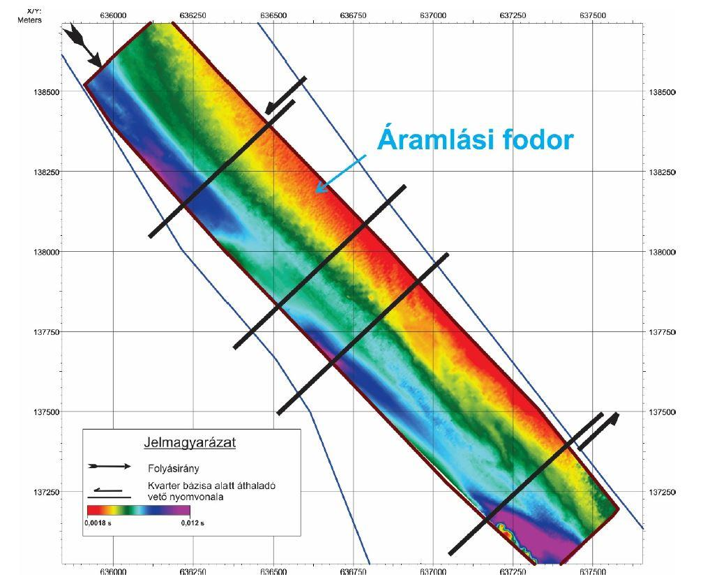 A TBJ II. 5.2.1.2.3-5. ábra az 1. mérési blokkra megszerkesztett mederfenék mélység térképet mutatja a szeizmikus szelvények futási idő skáláján. A TBJ II. 5.2.1.2.3-6.