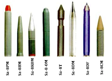6. ábra Az Sz-8 rakéta néhány típusa A leggyakoribb típusok: Sz-8P (Sz-8PM) rádiólokátor zavaró; Sz-8B (Sz-8BM) betonátütő; Sz-8KO (Sz-8KOM) kumulatív-repesz; Sz-8T tandem kumulatív; Sz-8D (Sz-8DM)