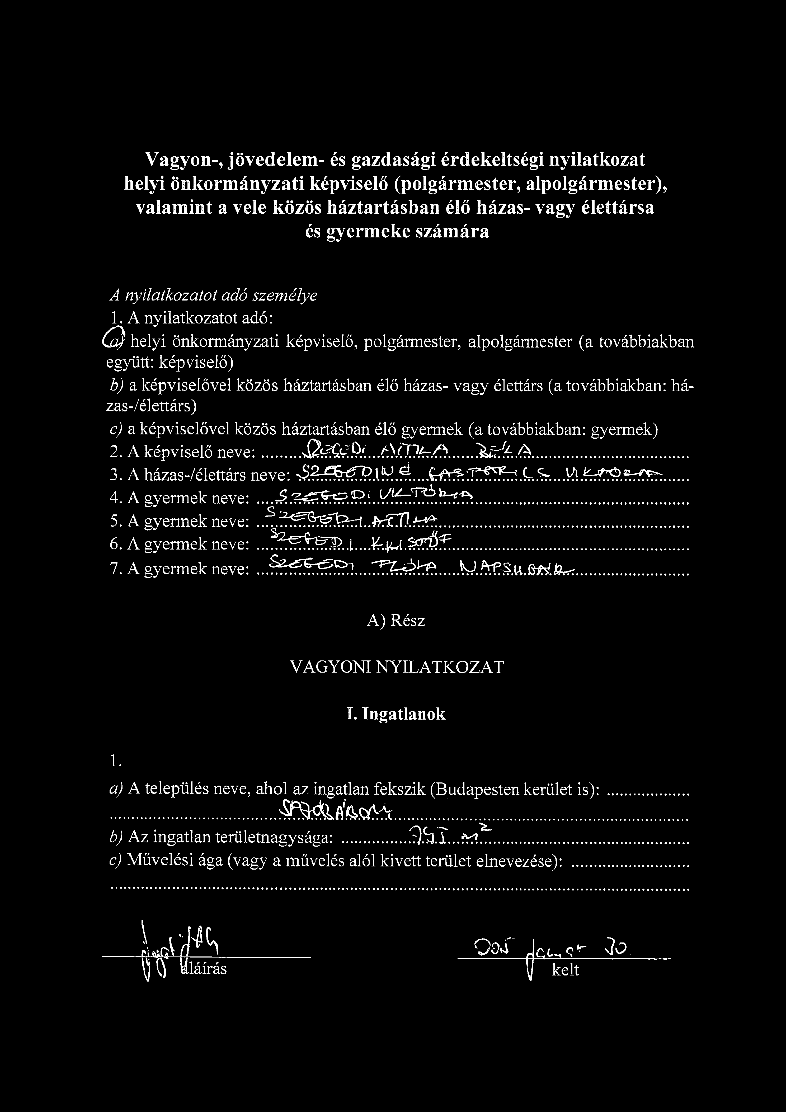 Vagyon-, jovedelem- es gazdasagi erdekeltsegi helyi onkormanyzati kepviselo (polgarmester, alpo valamint a vele kozos haztartasban elo hazas- va es gyermeke szamara A nyilatkozatot ado szemelye 1.