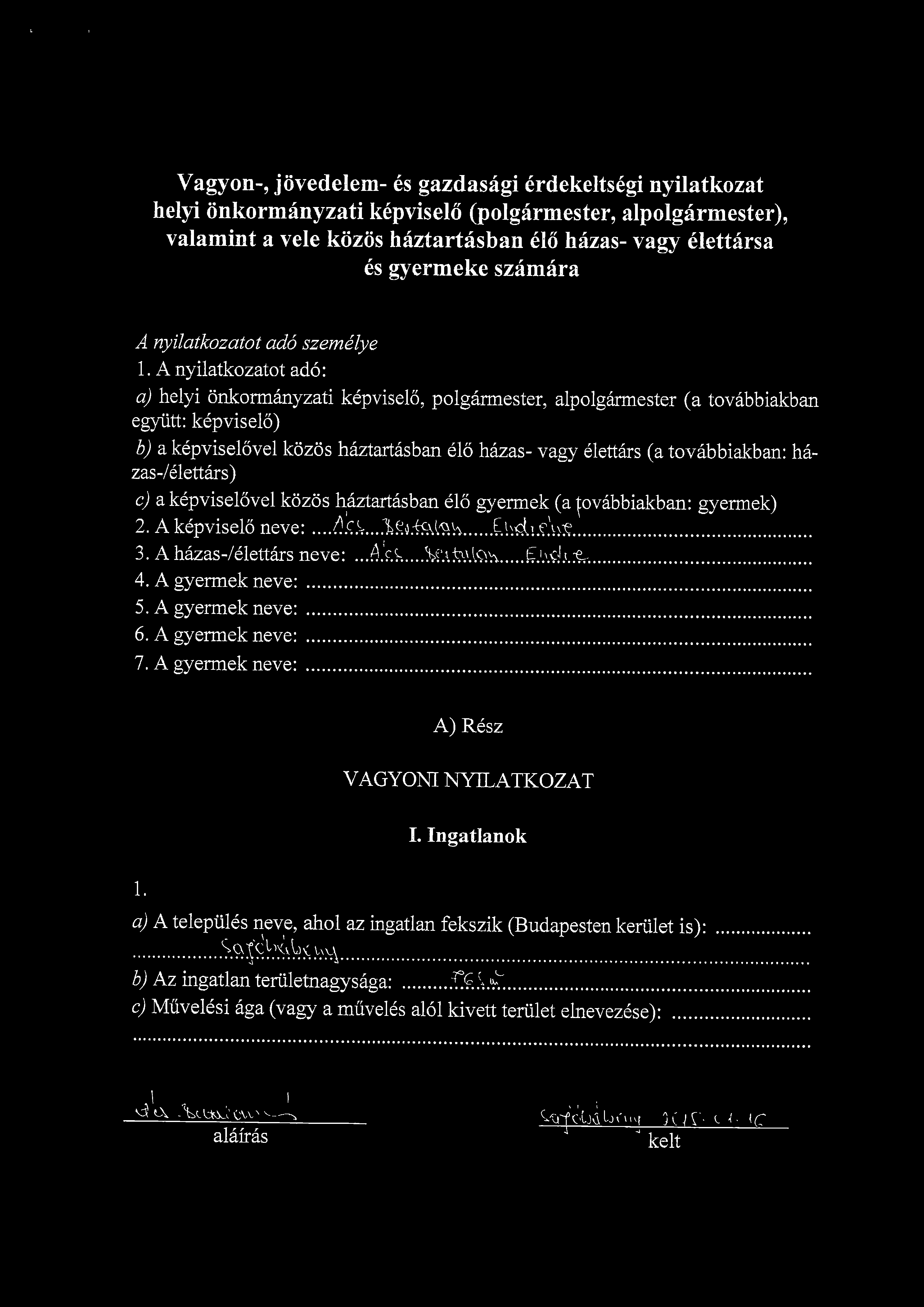Vagyon-, jovedelem- es gazdasagi erdekeltsegi helyi onkormanyzati kepviselo (polgarmester, alpo valamint a vele kozos haztartasban elo hazas- va es gyermeke szamara A nyilatkozatot ado szemelye 1.