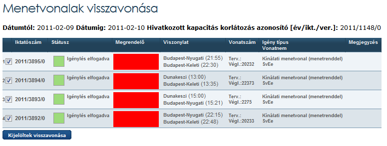 A bal oldali mezőben kell megadni a visszavonni kívánt menetvonal azonosítókat.