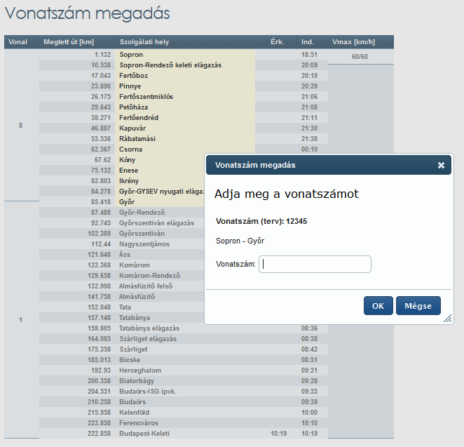 Az egérgomb felengedése után a felugró ablakban adható meg a vonatszám: A felületen látható a