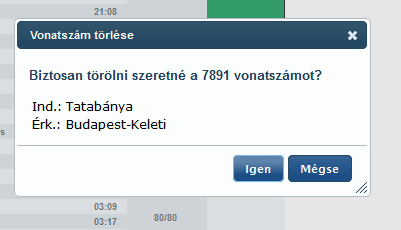 A már megadott vonatszámokat a vasútvállalatokra jellemző színnel jeleníti meg a rendszer. Lehetőség van törlésre is, de csak a felhasználóhoz rendelt pályavasút által megadott vonatszámok esetében.