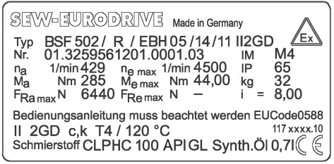 Szállítási terjedelem és a készülék felépítése Típusjel és típustábla 3 3.3.2 Típustábla (példa) API GL5 SAE Synth.Öl 0,7l 2.