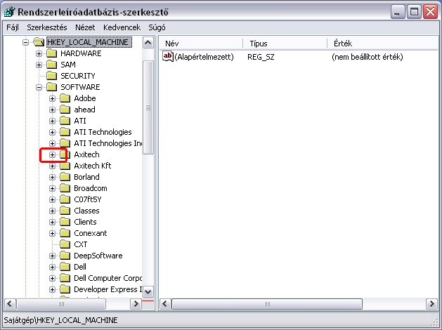 Beálítások 4 Az Axi kulcs kinyitása után megjeleno CurrentVersion kulcs már nem tartamaz alkönyvtárakat, ezért az elott már nincs + jel.