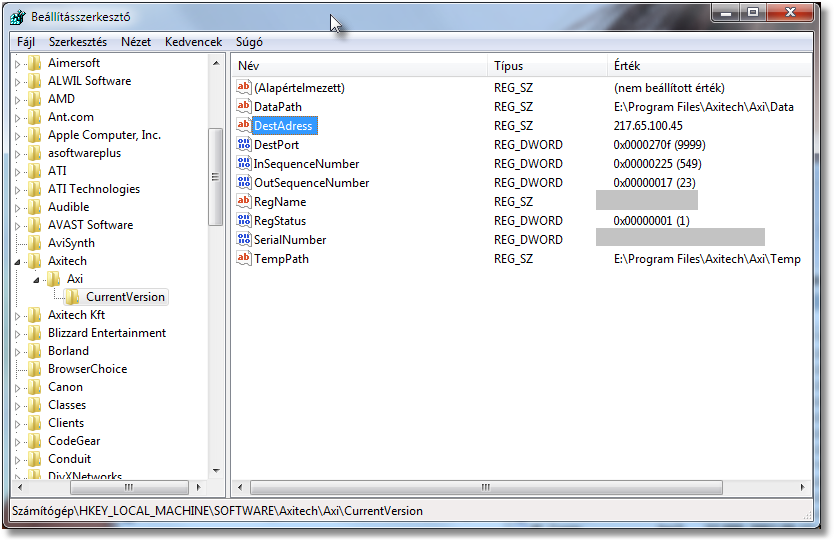 Beálítások 6 Az OK gomb megnyomása után a kis ablak eltunik, és az Axitech kulcshoz tartozó bejegyzések listája látható ismét, de már az új értékkel a DestAdress bejegyzésben.