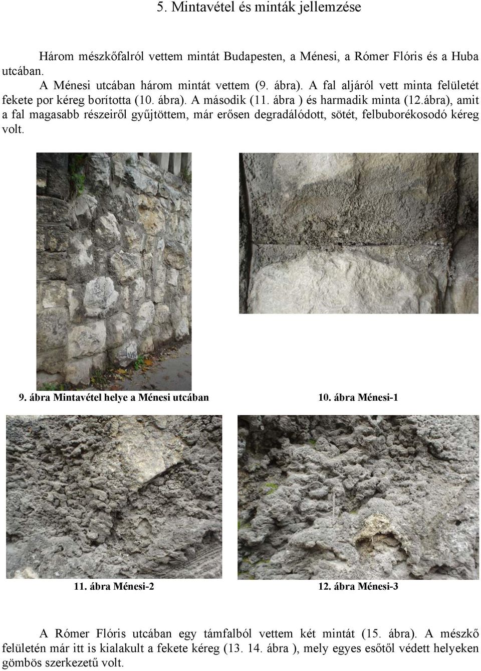 ábra), amit a fal magasabb részeiről gyűjtöttem, már erősen degradálódott, sötét, felbuborékosodó kéreg volt. 9. ábra Mintavétel helye a Ménesi utcában 10. ábra Ménesi-1 11.