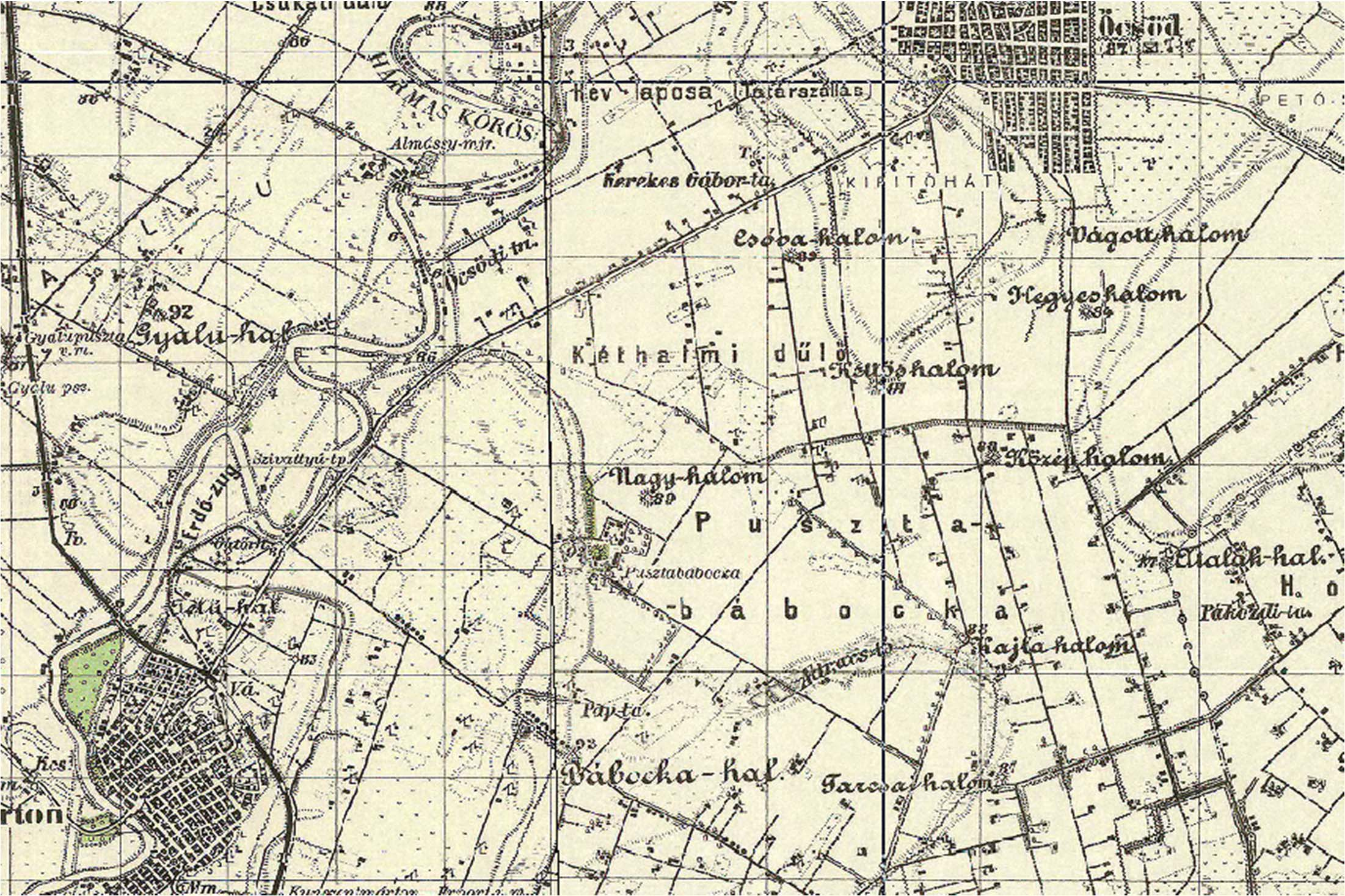 Pusztabábocka tezauruszcikkének térképi környezete az 1944-es katonai felmérésen nagyobb egysége Öcsöd részei