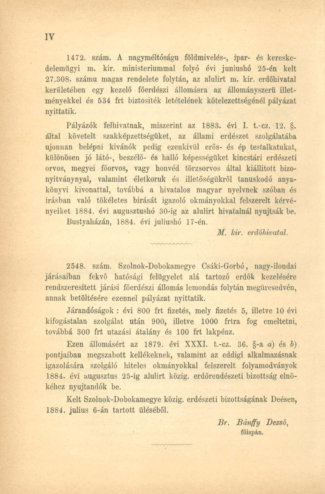 1472. szám. A nagyméltóságú földmivelés-, ipar- és kereskedelemügyi m. kir.