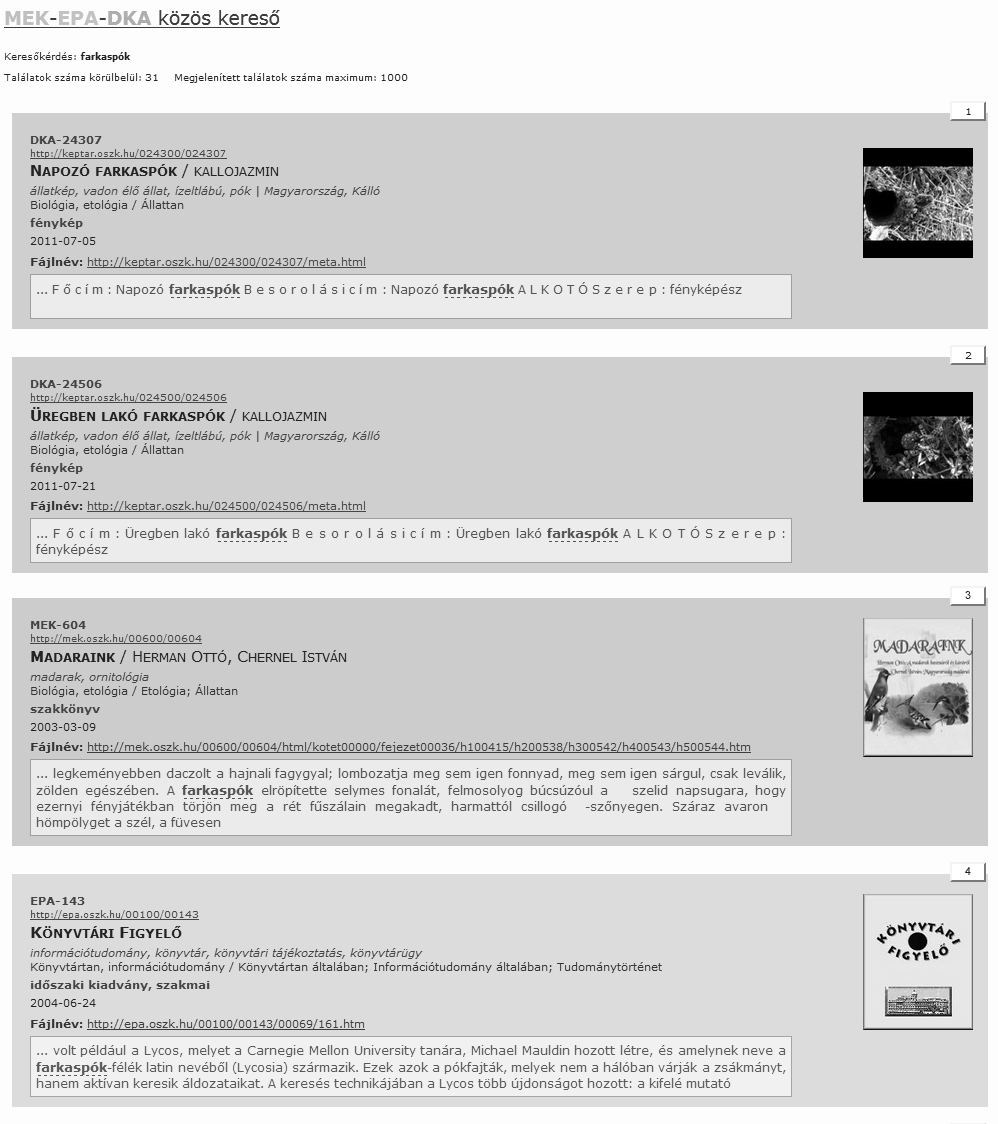 A találati listákban a legfontosabb metaadatok (pl. azonosító, URL, cím, alkotó, téma, típus, felkerülés dátuma, szövegkörnyezet) láthatók, valamint egy bélyegkép is megjelenik (2. ábra).