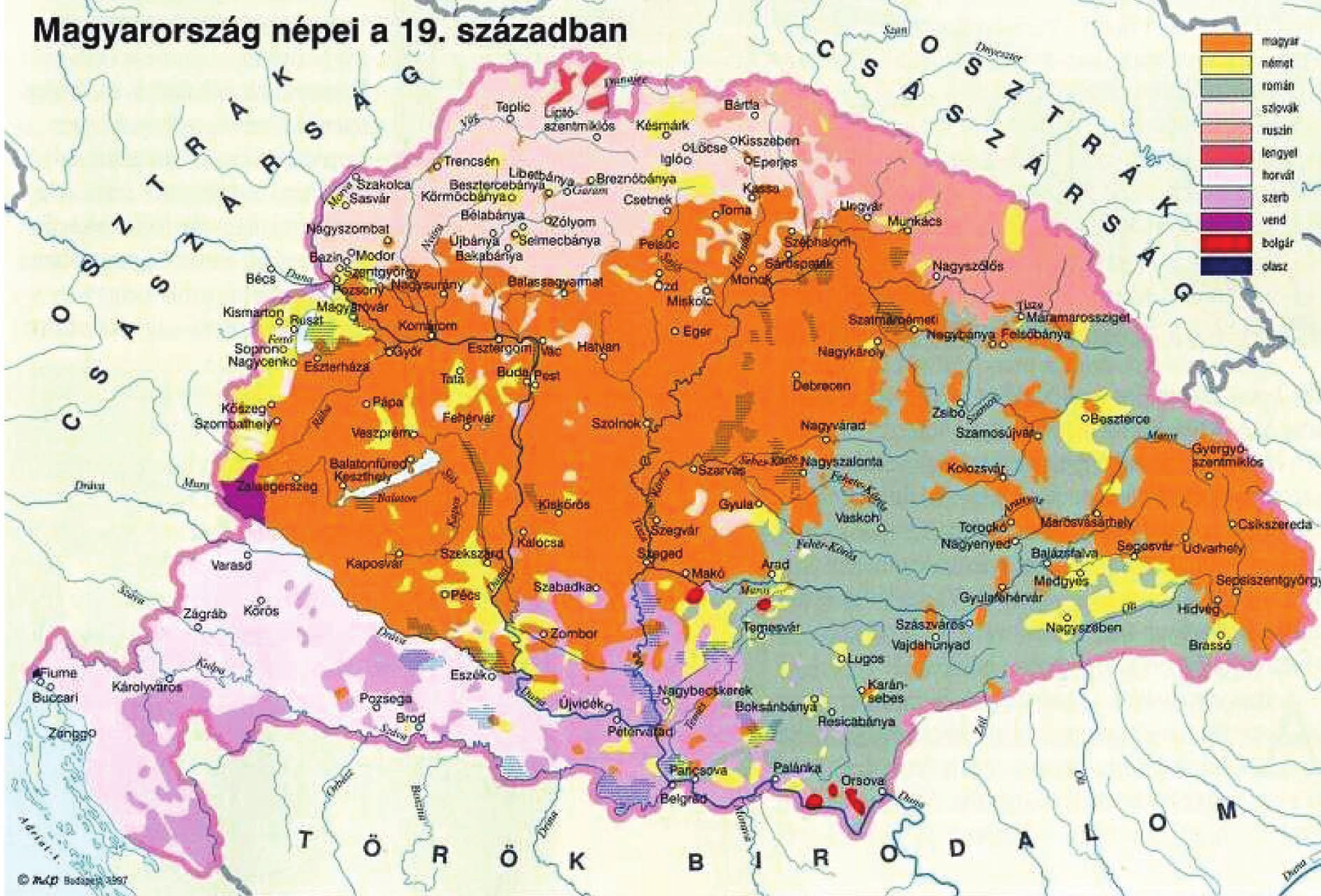 68 MATEMATIKA b történelem 11. évfolyam tanári útmutató 3. Feladat INDUKTÍV GONDOLKODÁS ÁTKÓDOLÁS Tanulmányozd a diagramot és a térképet! A Magyar Királyság népei a 19.