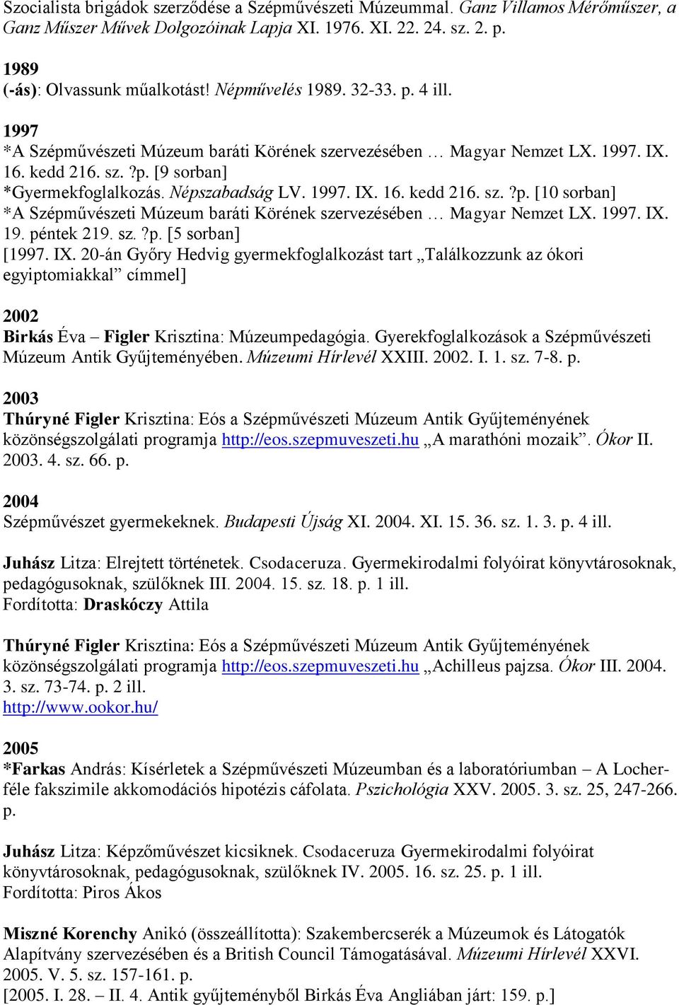 1997. IX. 19. péntek 219. sz.?p. [5 sorban] [1997. IX. 20-án Győry Hedvig gyermekfoglalkozást tart Találkozzunk az ókori egyiptomiakkal címmel] 2002 Birkás Éva Figler Krisztina: Múzeumpedagógia.