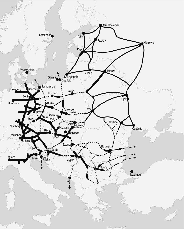 Létező autópálya Tervezett aotópálya Létező vagy tervezett autóút Egyéb jelentősebb kapcsolati elképzelés Forrás: International Transport in Europe,