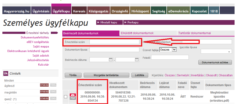 Szűrés dokumentumtípusra A szabadszavas Dokumentum típusa mezőben többek között a Központi Rendszer által küldött vevényekre ( pl.