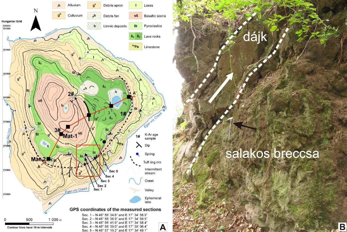 4.1. ábra: A: a Bondoró-hegy földtani térképe (forrása: Kereszturi és mtsi., 2010), az általam vizsgált kőzetek a sötétzölddel jelölt 3.