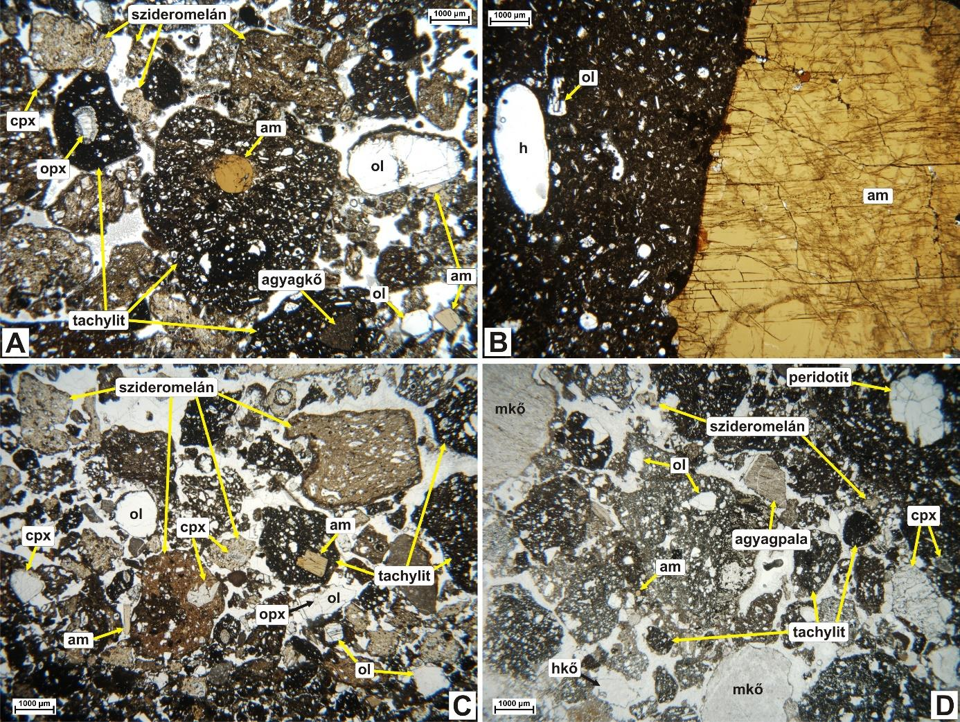 6.3. ábra: A Fekete-hegy vulkáni komplexumon gyűjtött tufagyűrű piroklasztitok általános szöveti fotói (optikai mikroszkópos fotók; IIN).