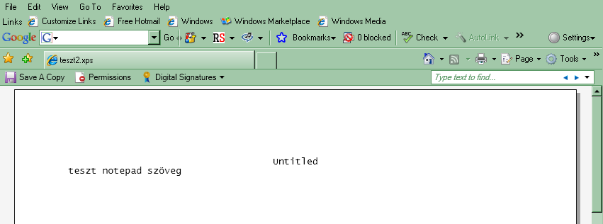 6. Dokumentumok aláírása 1. Nyissa meg az XPS dokumentumot az Internet Explorer böngészőben (verzió: 6.0 vagy magasabb). Legegyszerűbb megoldás, ha egyszerűen rádobja a dokumentumot a böngészőre. 2.