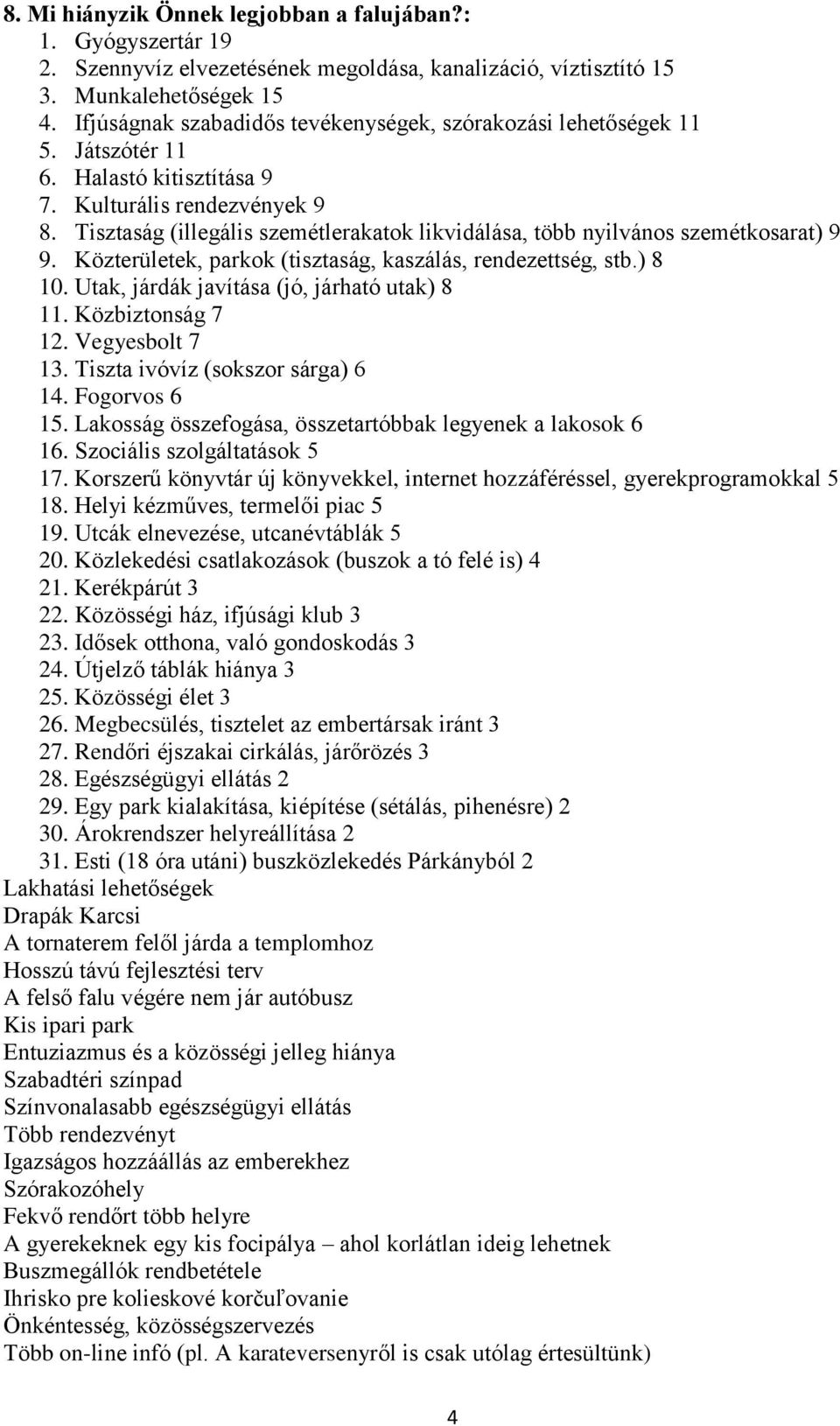 Tisztaság (illegális szemétlerakatok likvidálása, több nyilvános szemétkosarat) 9 9. Közterületek, parkok (tisztaság, kaszálás, rendezettség, stb.) 8 10. Utak, járdák javítása (jó, járható utak) 8 11.