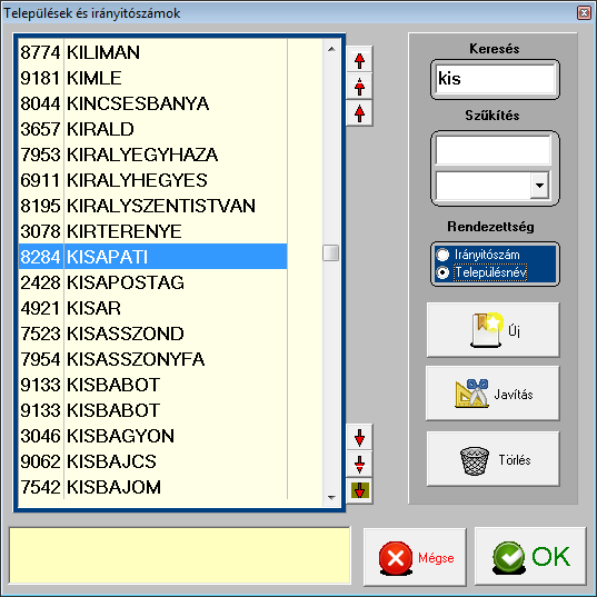 Példa a települések táblázat felhasználásával. Keressük meg Kiskunhalast. Lenyomtuk a k billentyűt. A program automatikusan előkeresi az első k betűvel kezdődő kódszámot.