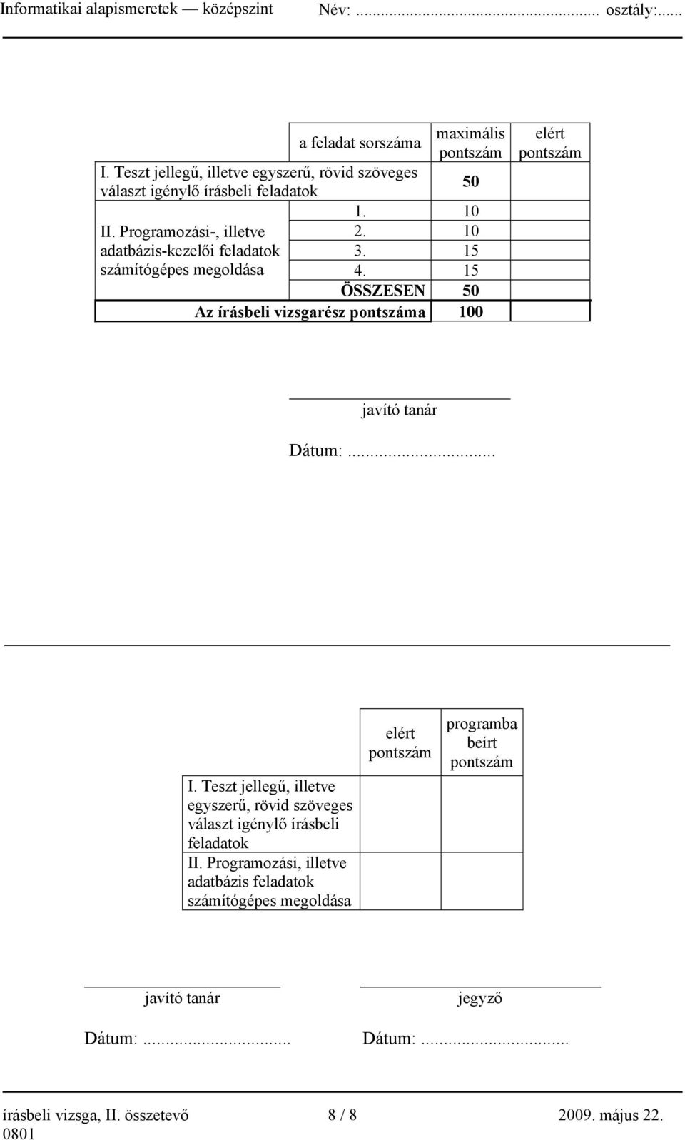 15 ÖSSZESEN 50 Az írásbeli vizsgarész pontszáma 100 elért pontszám javító tanár Dátum:... I.