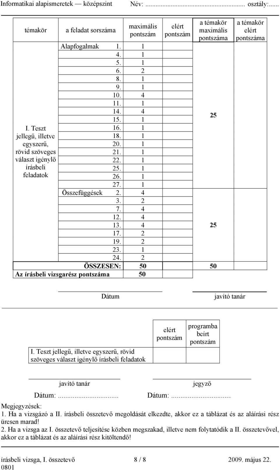 2 ÖSSZESEN: 50 50 Az írásbeli vizsgarész pontszáma 50 25 25 a témakör elért pontszáma Dátum javító tanár I.