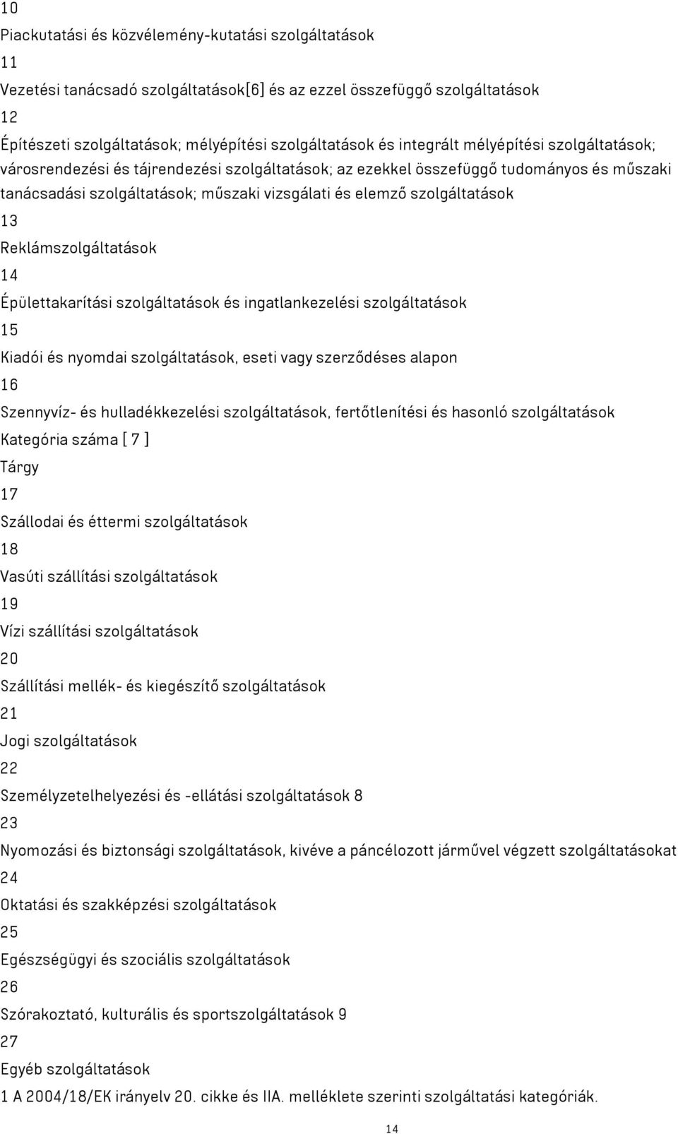 szolgáltatások 13 Reklámszolgáltatások 14 Épülettakarítási szolgáltatások és ingatlankezelési szolgáltatások 15 Kiadói és nyomdai szolgáltatások, eseti szerződéses alapon 16 Szennyvíz- és