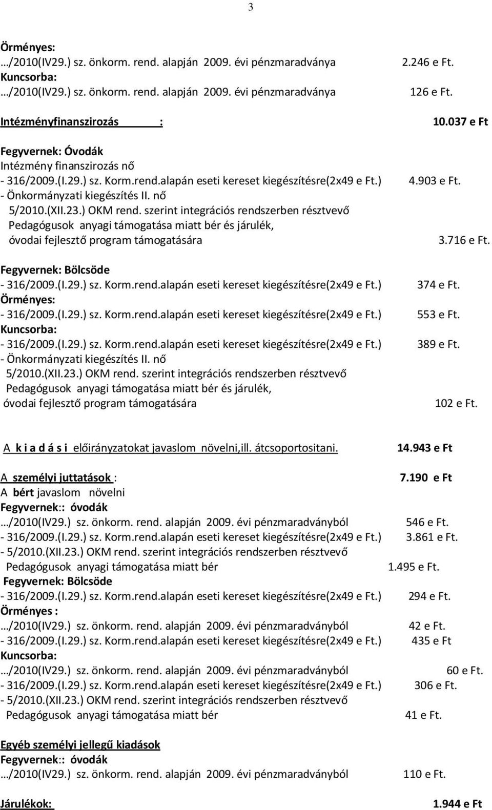 - Önkormányzati kiegészítés II. nő 5/2010.(XII.23.) OKM rend. szerint integrációs rendszerben résztvevő Pedagógusok anyagi támogatása miatt bér és járulék, óvodai fejlesztő program támogatására 3.