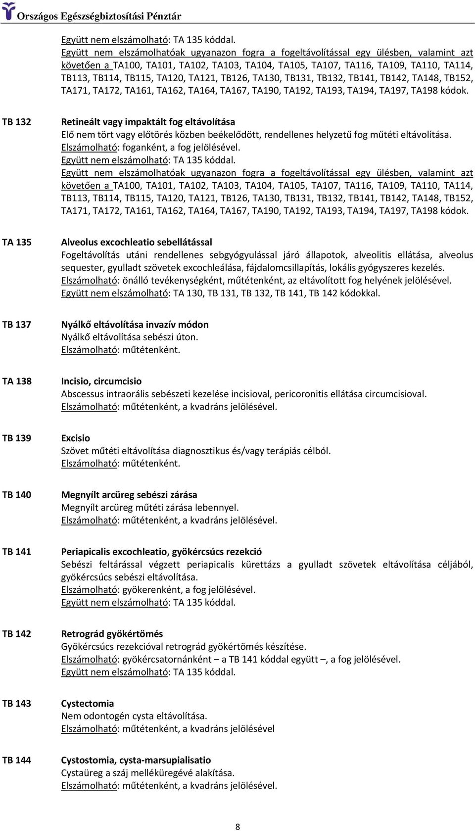 TA120, TA121, TB126, TA130, TB131, TB132, TB141, TB142, TA148, TB152, TA171, TA172, TA161, TA162, TA164, TA167, TA190, TA192, TA193, TA194, TA197, TA198 kódok.